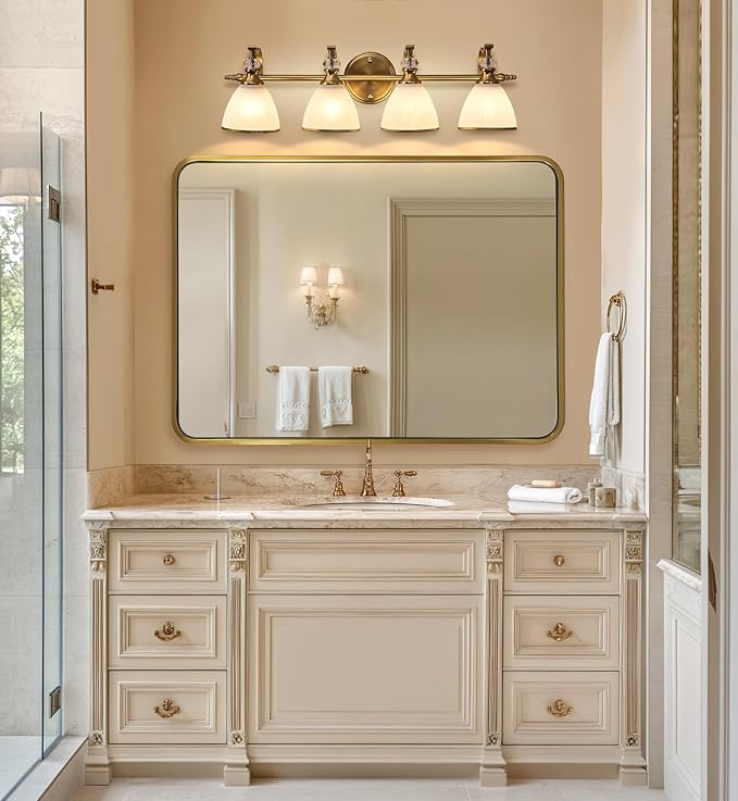 ANDY STAR Brushed Gold Vanity Light, 4-Light Bathroom Light Fixtures, Vintage Wall Lamp with Bell Shaped Frosted Lampshade, 27.8 Inch Bathroom Lighting Fixtures Over Mirror, (Bulbs Not Included)