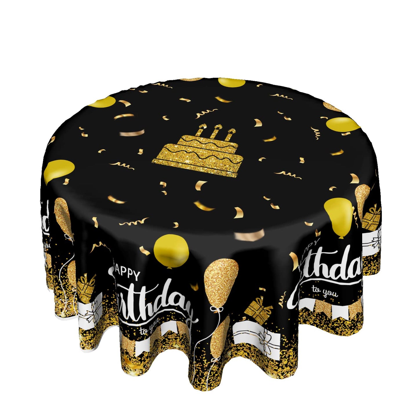 Giwawa Happy Birthday Round Tablecloth 60" Black Gold Birthday Cake Confetti Flags Balloons Gifts Decorative Circle Table Cloth Cover Stain & Wrinkle Resistant for Dining Room Kitchen Indoor Outdoor