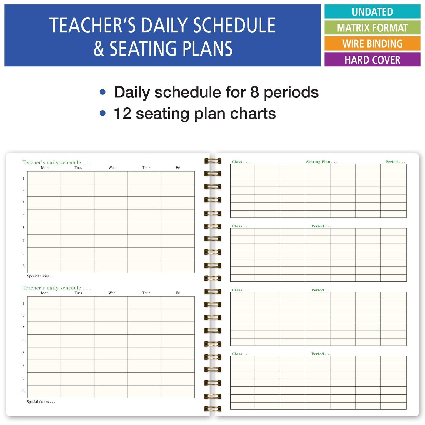 Elan Publishing Company HARDCOVER 7 Period Teacher Lesson Planner - Days Horizontally Across The Top with Bonus Clip-in Bookmark (Black Floral)