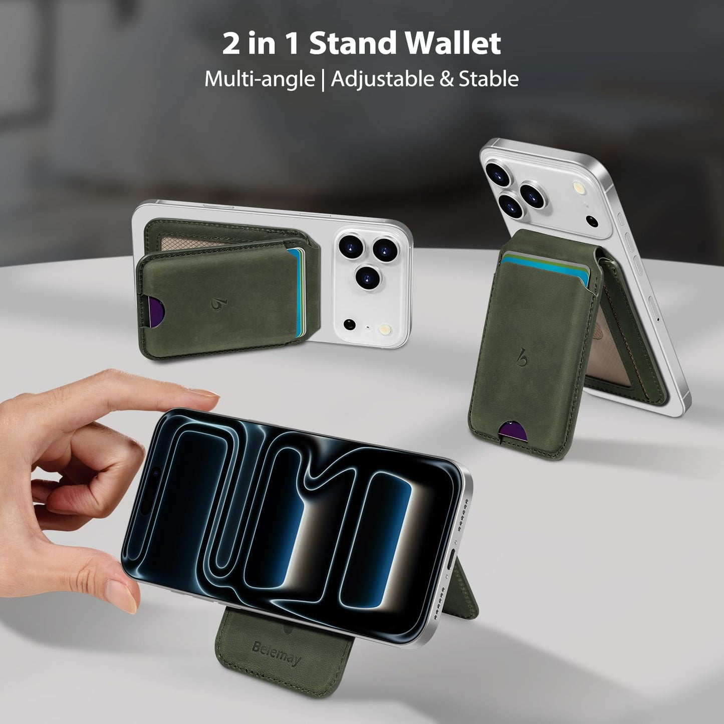 Belemay Strong Magnetic Wallet for MagSafe with Adjustable Stand, Crazy Horse Leather Card Holder, Up to 5 Cards, RFID Blocking, Slim for iPhone 17/16/15/14/13/12 Series Men & Women - Pine Green