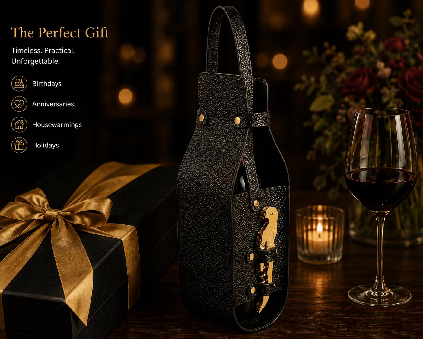 Wine Gift Bag with Wine Opener - Vegan PU Leather Single Bottle Luxury Wine Bag with Corkscrew - Elegant Wine Carrier for Travel, Picnic, Birthday, Housewarmings, Anniversaries Wedding Gifts