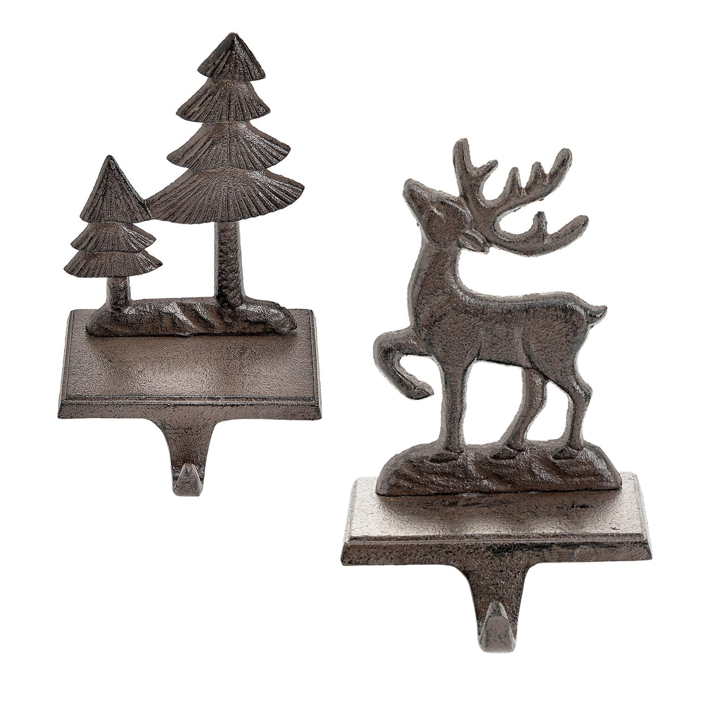 Sungmor Christmas Stocking Holders, 2PC Cast Iron Mantel Hooks Home Decor Holiday Gifts, Heavy-Duty Anti-Slip Fireplace Hangers, Christmas Tree Reindeer Pattern Hooks for Xmas Shelf Topper Decoration