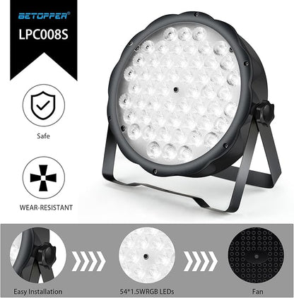 BETOPPER LED Par Lights 54 x 1.5W, RGB Stage Lights DMX DJ Lighting Sound Activated with Stand, Strobe Light & Wash Par Lighting DMX for Parties, Church, Wedding, Bars, 4 Pack