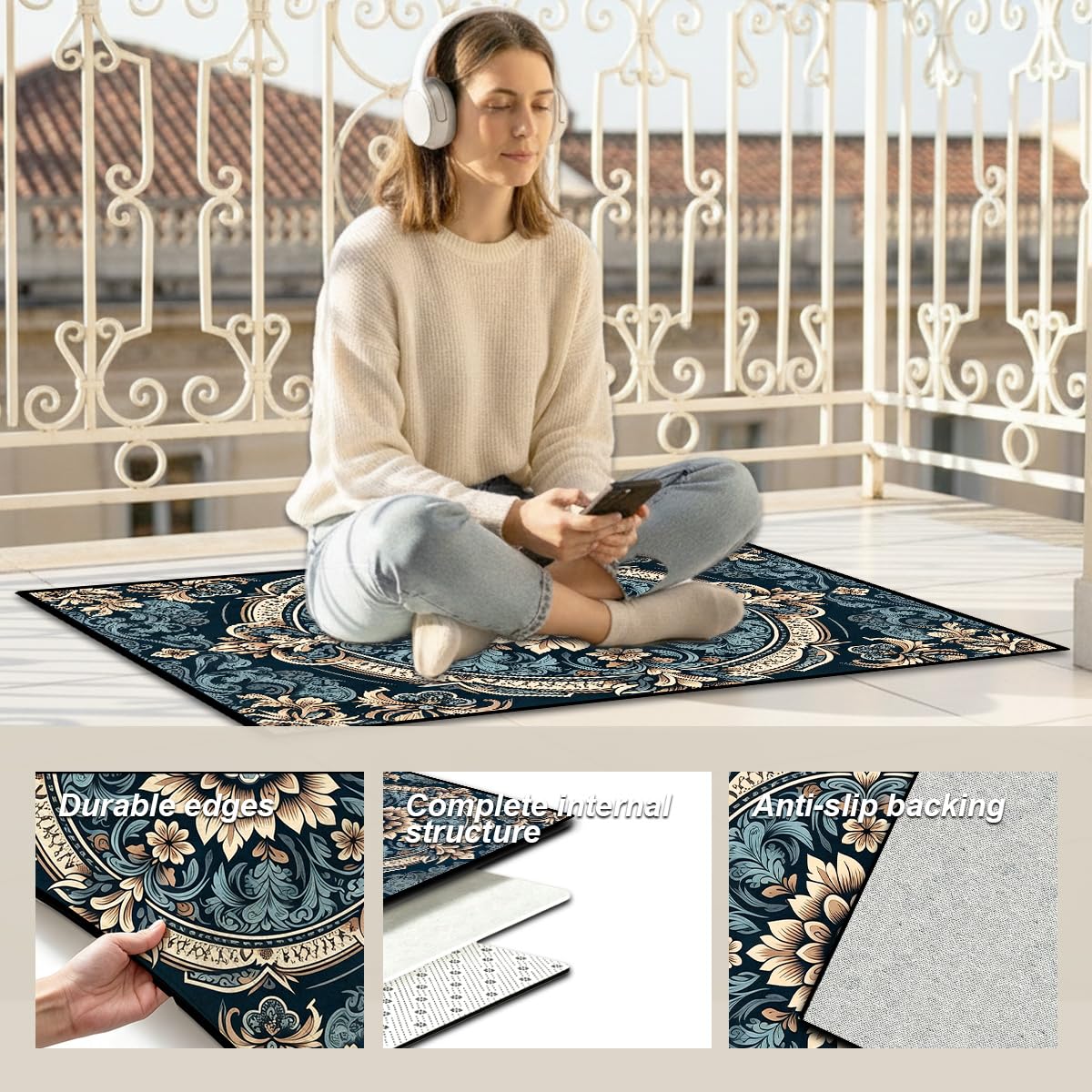 Washable Corridor Runner Rug, Non-Slip Hallway Rug with Upgrade Rubber Backing, Stain Resistant Faux Wool Distressed Carpet for Bedroom Kitchen Laundry Corridor Balcony (Navy Blue‌, 35.4" x 23.6")