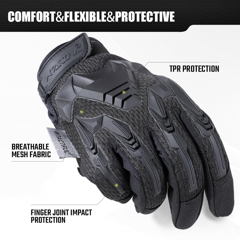 WTACTFUL Rubber Guard Tactical Gloves for Men Full Finger Protection Airsoft Paintball Hunting Hiking Bicycle Cycling Motorbike Motorcycle Black L