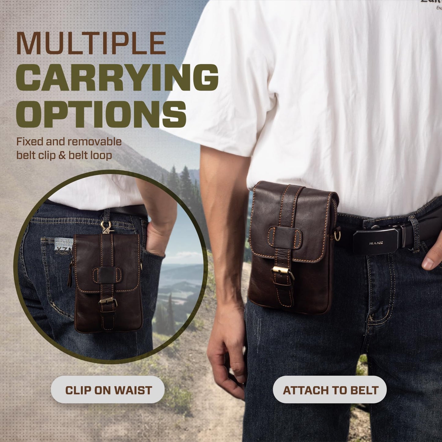Hengwin Leather Crossbody Phone Purse for Men, Belt Pouch with Multi Pockets, Fits for 6.7" Smartphones, Small Messenger Bag Cell Phone Belt Holster Waist Bag for Travel, Hiking, Daily Use (Coffee)