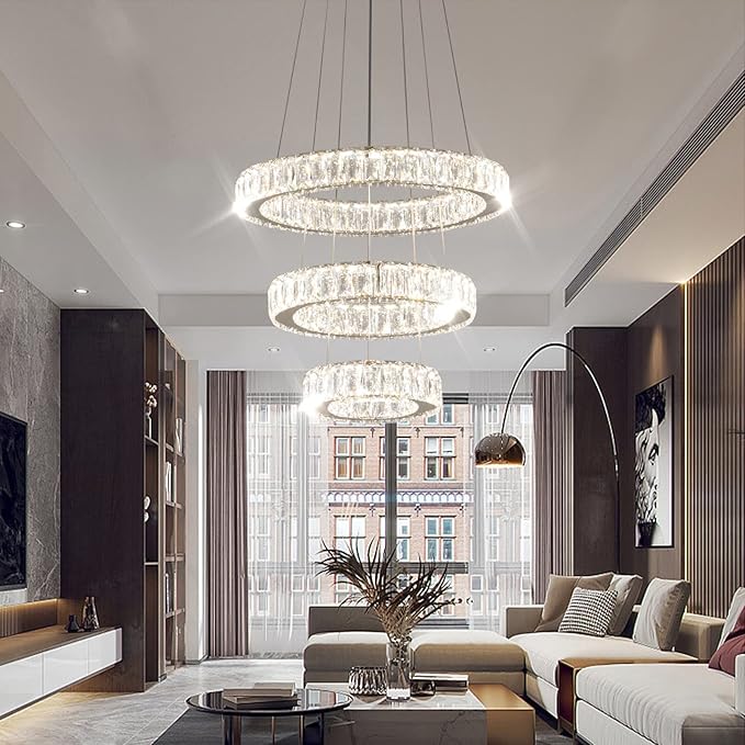 FRIXCHUR Dimmable Modern LED Chandelier 3 Ring Pendant Light Crystal Chandelier for Dining Room Living Room Bedroom,3 Colors Adjustable