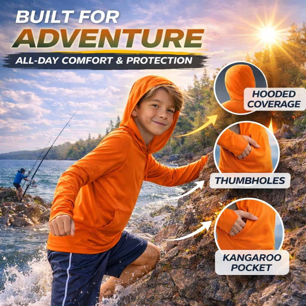 INGEAR Boys' Rash Guard Long Sleeve UPF 50+ UV Protection Swim Shirt, Hooded Sun Shirt, Quick Dry Fishing Shirt for Kids (US, Alpha, Medium, Turquoise Sea)