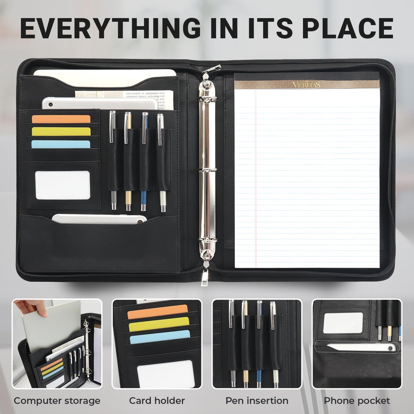 FORTAVEM Faux Leather Zippered Padfolio with 3 Ring Binder, Executive Portfolio Organizer Binder, Fits 13.9" Laptop/Tablet, Refillable Writing Pad Pocket, Black