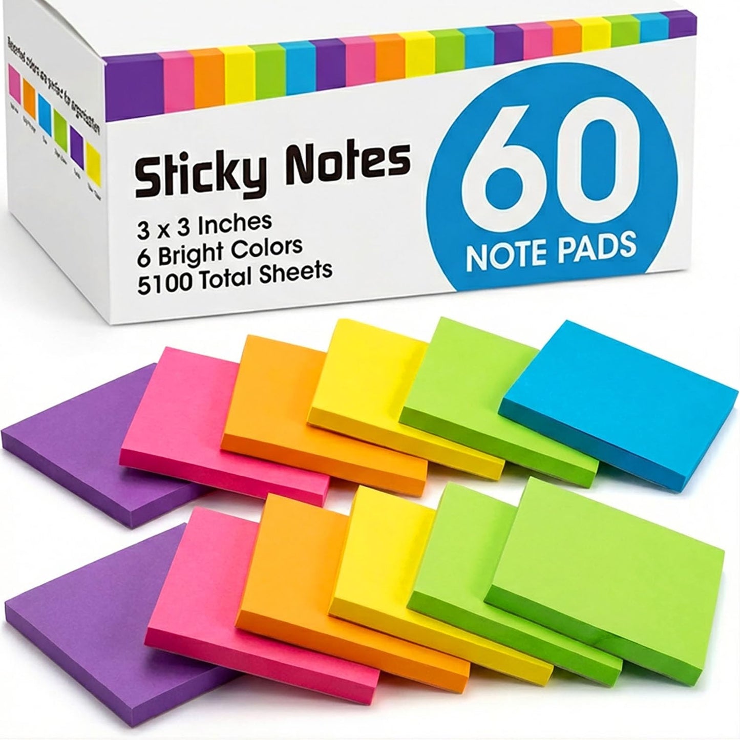 Woswel Sticky Notes Bulk 3 x 3 in, 60 Pads Adhesive Paper Memo, 85 Sheets/Pad, 6 Bright Colors, Self-Stick Notes, Easy to Post for Home, Office, School