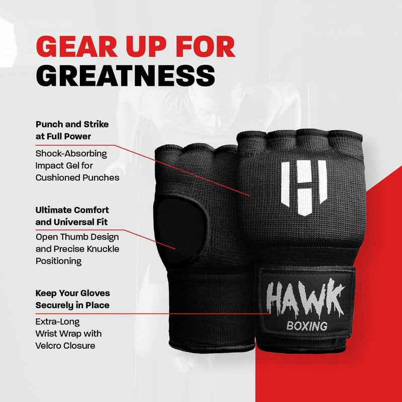 Hawk Padded Inner Gloves Training Gel Hand Wraps for Boxing Quick Wraps Men & Women Kickboxing Muay Thai MMA Bandages Fist Knuckle Wrist Protector Handwraps (Pair) (Black, S/M)