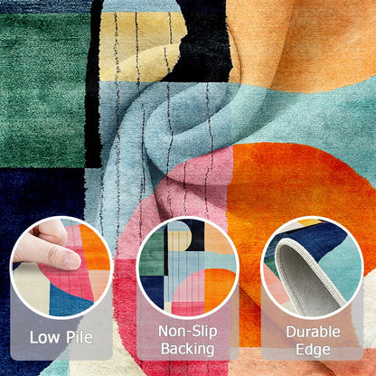 5x7 Colorful Area Rug Modern Abstract Orange Yellow Pink Blue White Beige Black Bedroom Rug Low Pile Thin Large Carpet Living Room Non Slip Dining Room Stain Resistant Office Washable Machine