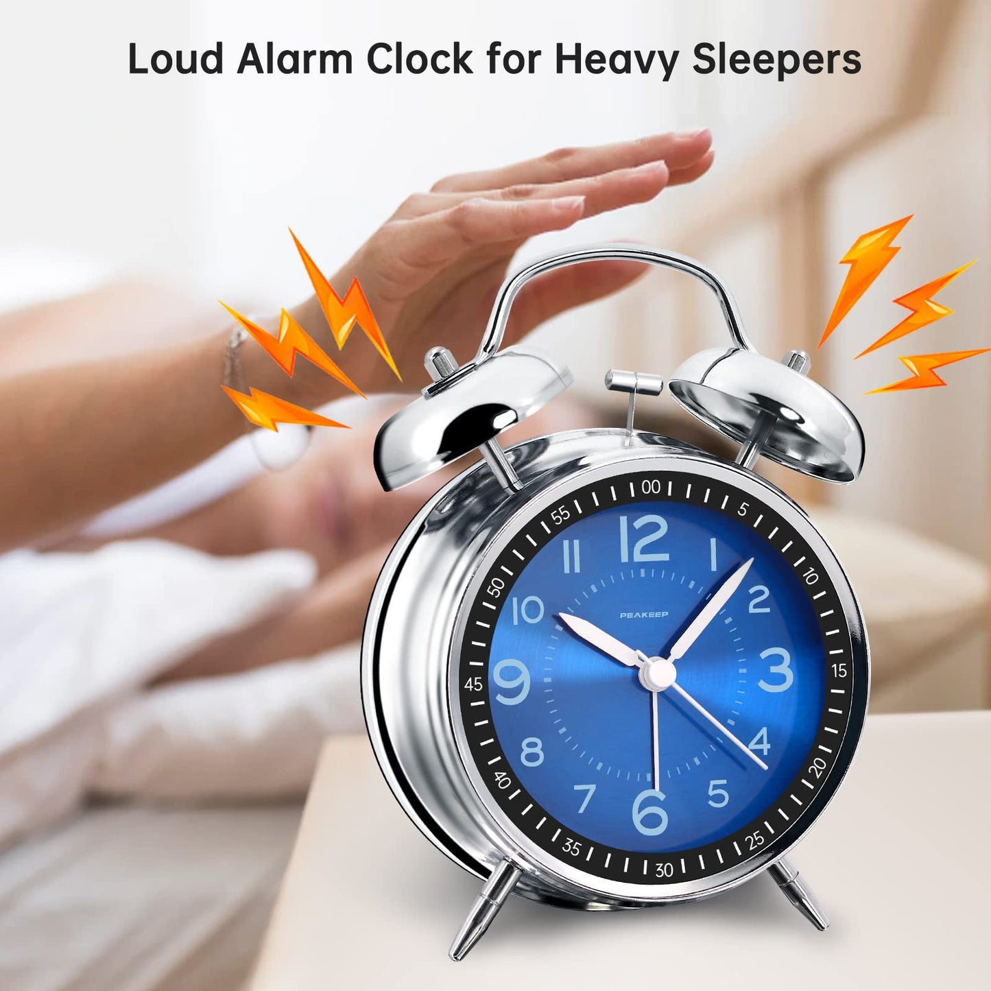Peakeep Loud Alarm Clock for Heavy Sleepers Adults, Metal 4.5 Inches Twin Bell Battery Operated Analog Alarm Clocks for Bedrooms Decoration (Jewel Blue)