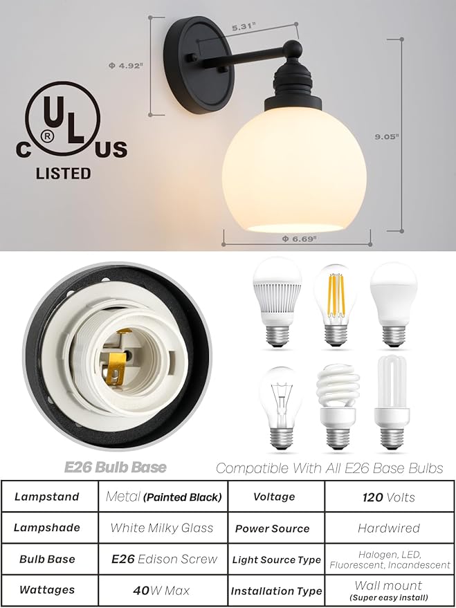 Wall Sconce Black Bathroom Light Fixtures with Milk Glass Modern Vanity Lights Vintage Sconces Wall Lighting for Living Room Bedroom Hallway Stairway E26 Hardwire