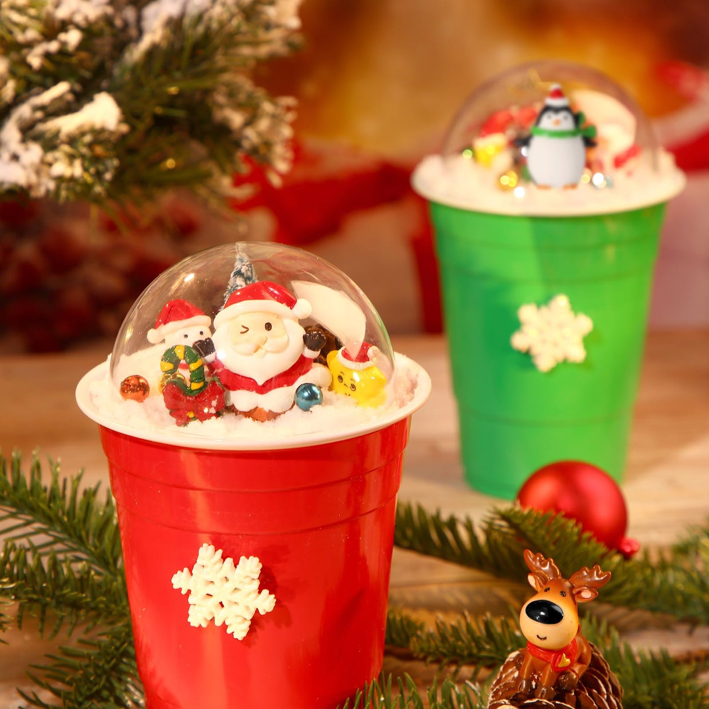 Roowest 96 Pcs Miniature Ornaments for Snow Globe Kit DIY Christmas Village Decoration Christmas Figurines Mini Ornaments with Snowman Reindeer Santa Claus Snowflake(Beige Teal Gold)