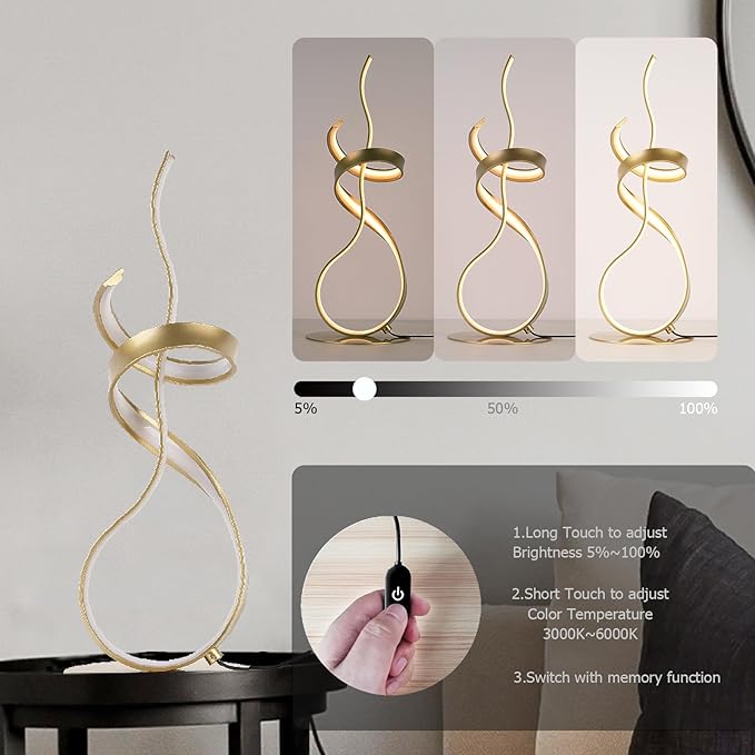 Gold Art Spiral 24W LED Table Lamp with Touch Remote Dimmer, 22" Unique Creative Stylish Smart Lamp, LED Desk Lamp for Dining Room, Bedroom, Bedside, Restaurant, Bar (Gold)