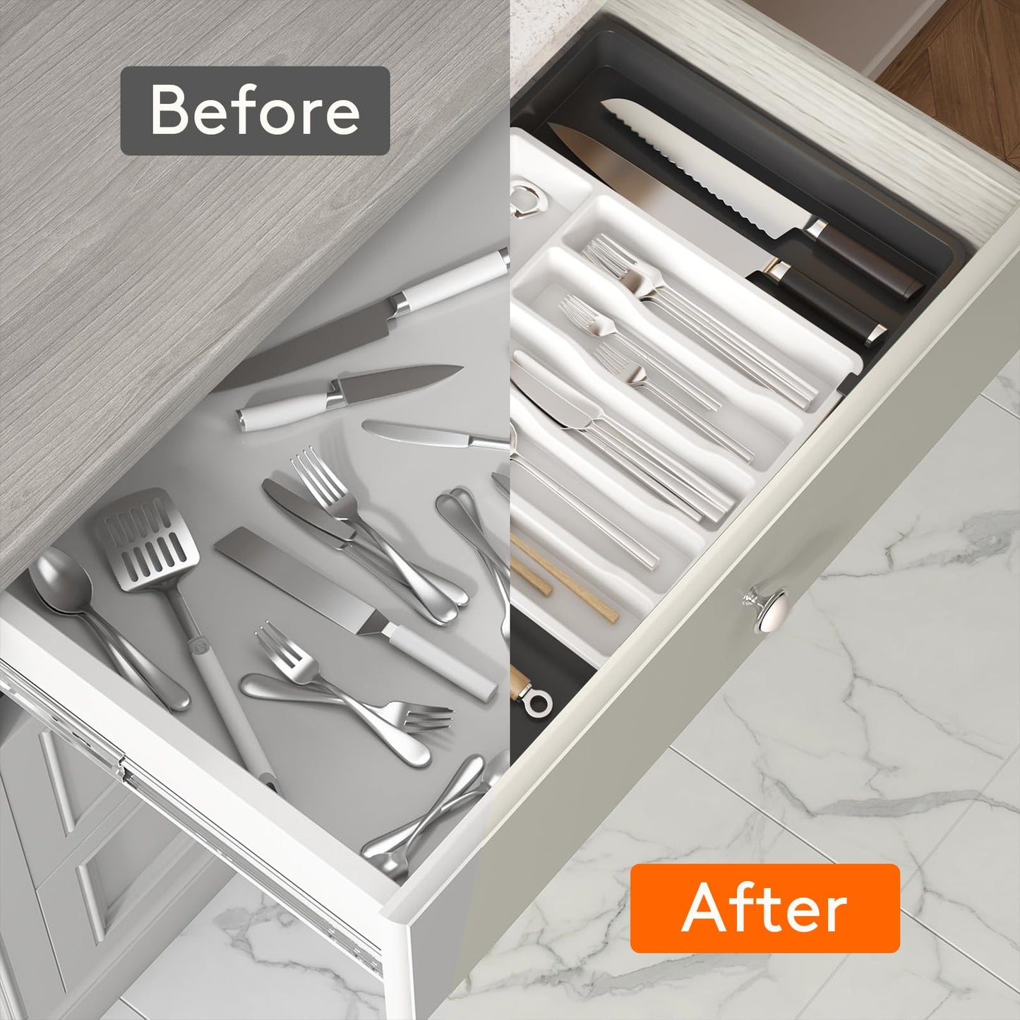 Lifewit Silverware Drawer Organizer, Expandable Utensil Tray for Kitchen, BPA Free Flatware and Cutlery Holder, Adjustable Plastic Storage for Spoons Forks Knives, 8.5"-14.1" x 12.1", Black
