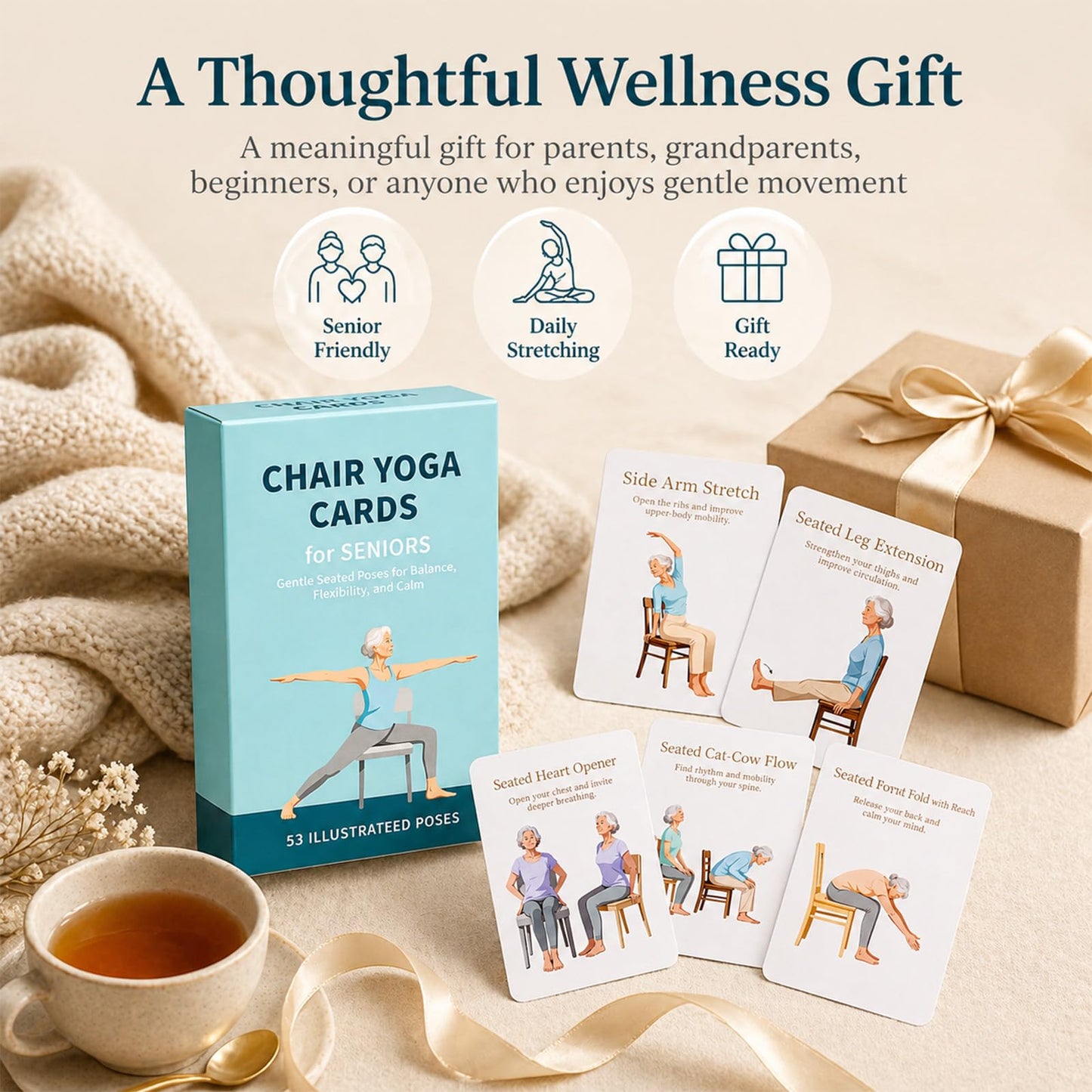 HuanRanYo Oversized Chair Yoga Cards for Seniors, 53 Seated Yoga & Stretch Poses, Large-Print Step-by-Step Exercise Deck with Storage Box, Low-Impact Mobility & Flexibility Workouts for Older Adults