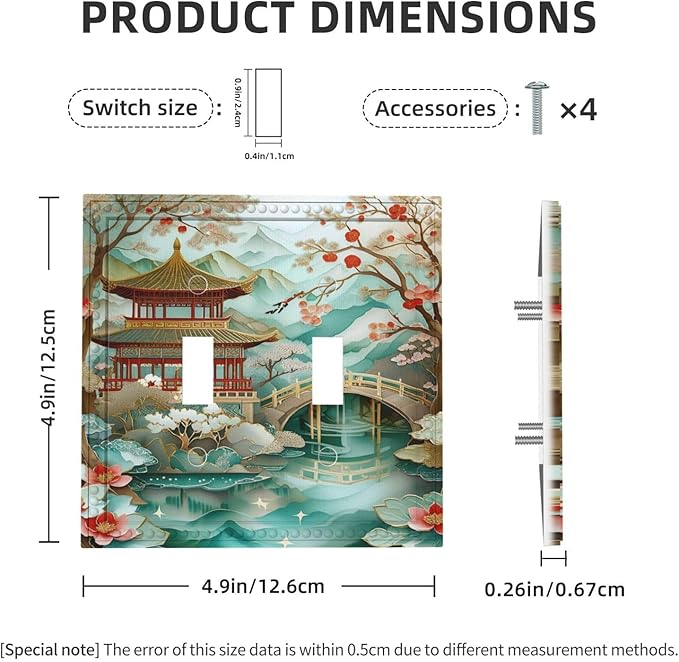 Asian Palace Traditional Bridge Cherry Blossoms Light Switch Covers Double Toggle 2 Gang Wall Plate Dual Decorative Switchplate Electrical Faceplate for Farmhouse Decor