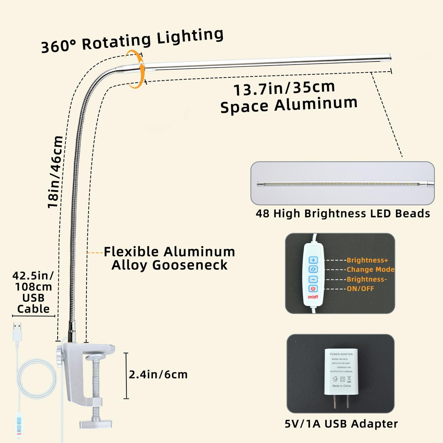 Tikroom Space Aluminum LED Desk Lamp with Clamp, Clip on Light for Reading Study Desk Light 3 Modes 10 Brightness Flexible Gooseneck with USB Adapter Table Lamp for Home Office Computer Nail Work