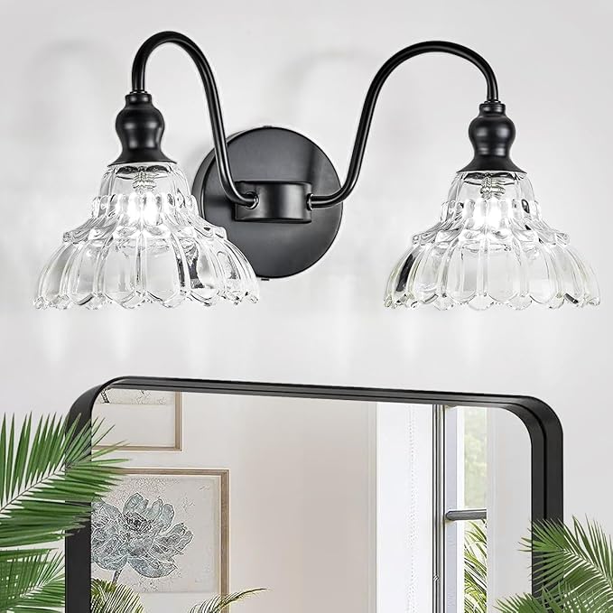2-Light Modern Wall Sconce Black Wall Light Fixtures Made of Metal Body and Pressed Patterned Glass with Unique Design Vanity Light for Bedroom, Bathroom, Doorway, Farmhouse