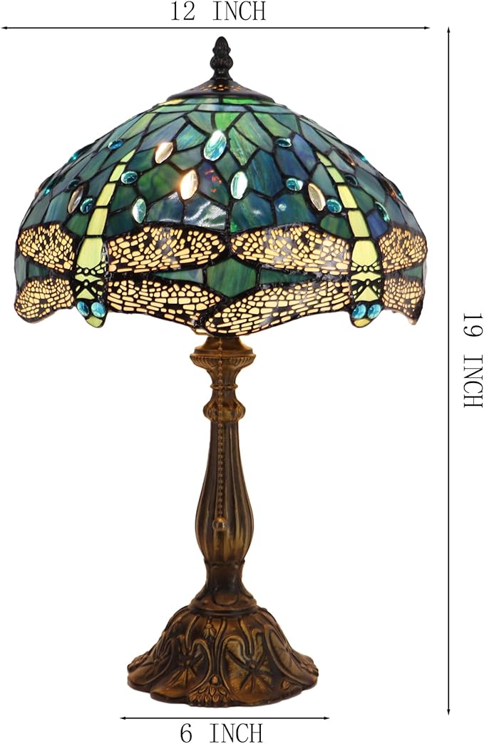Tiffany Lamp Stained Glass Table Lamp Bedside Reading Light W12H19 Inches (Sea Blue Dragonfly Style)