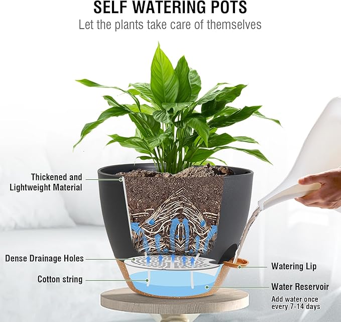 10 inch Self Watering Hanging Planters, 2 Pack Hanging Flower Pots for Indoor Outdoor Plants, Hanging Baskets with Drainage Holes & 2 Kinds of Plant Hangers for Garden Home Decor, Black Brown