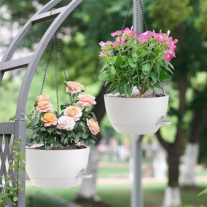 10 Inch Hanging Baskets 2 PC with Chains, Self-Watering Hanging Planters for Indoor Outdoor Plants, Plastic Hanging Flower Pots,White