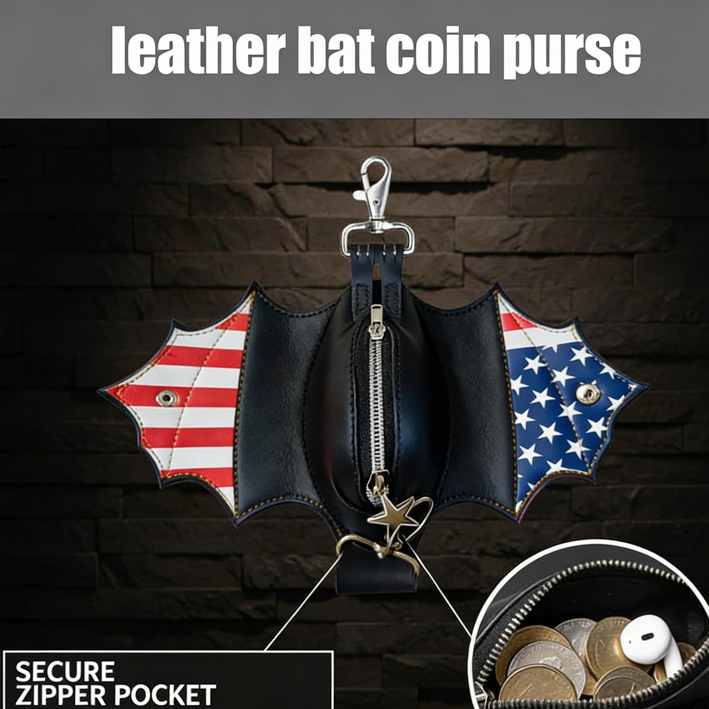 New Gothic Bat Shaped Coin Purse 11.8In, Faux Leather Keychain Zipper Pouch, Portable Mini Wallet for Keys Coins, Halloween & Festival Gifts