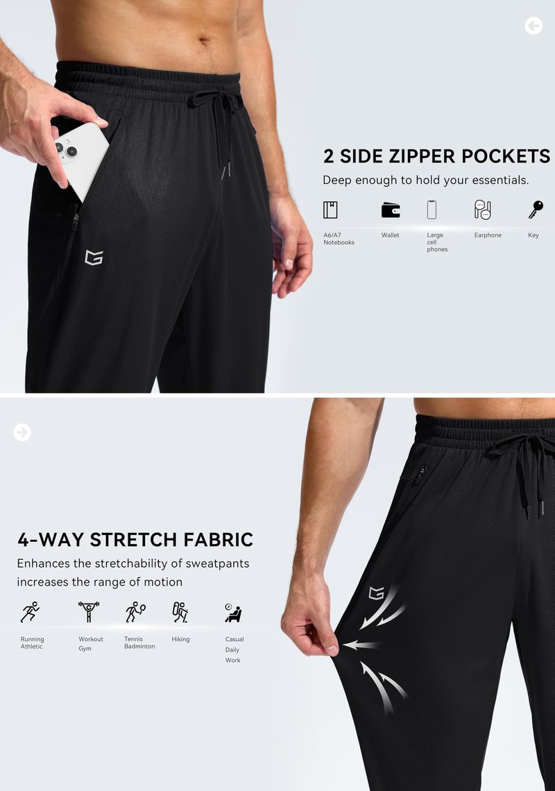 G Gradual Men's Sweatpants with Zipper Pockets Lightweight Mesh Athletic Pants for Men Open Bottom Workout Gym Running Black