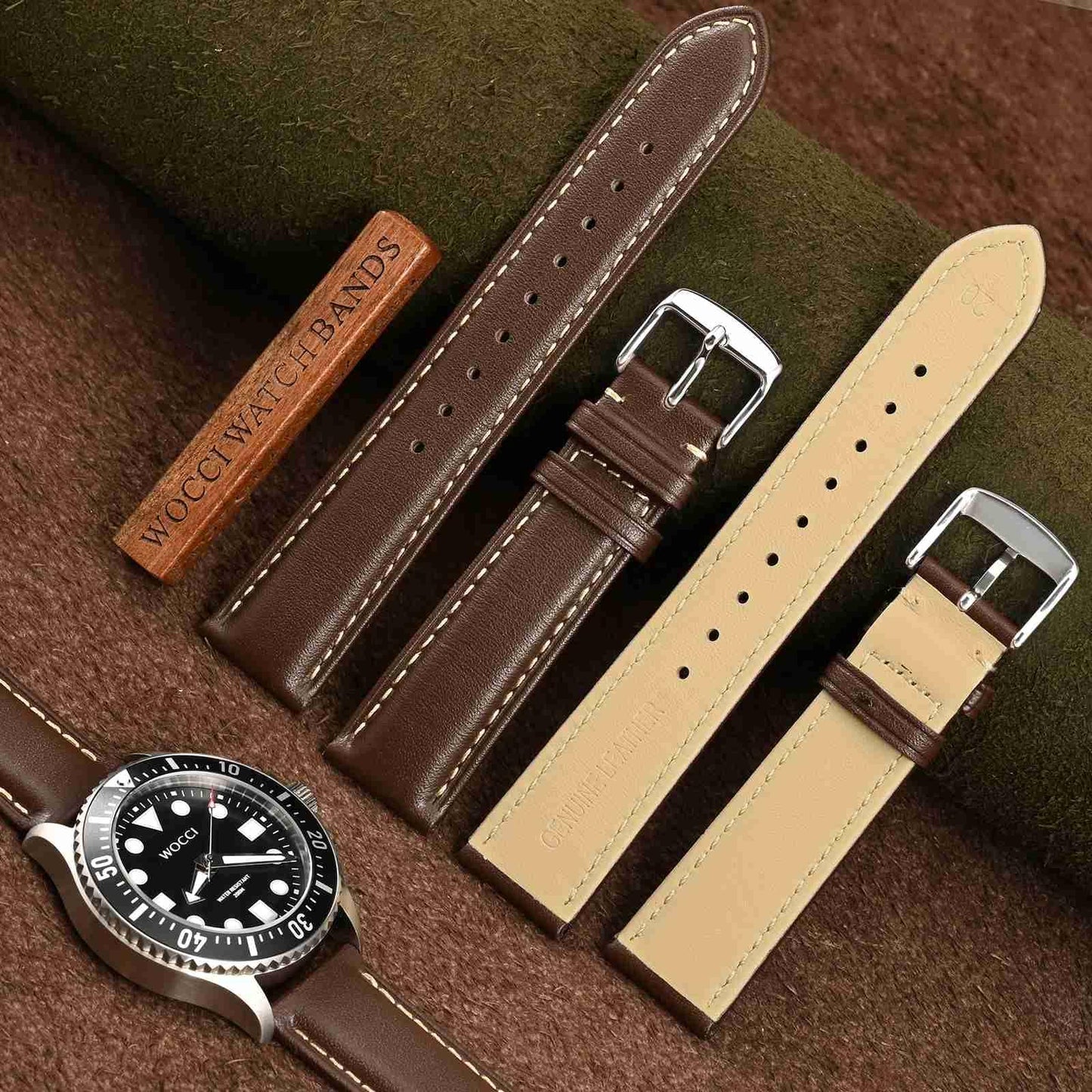WOCCI 23mm Vintage Leather Watch Band for Men and Women, Silver Buckle (Dark Brown/Contrasting Stitch)