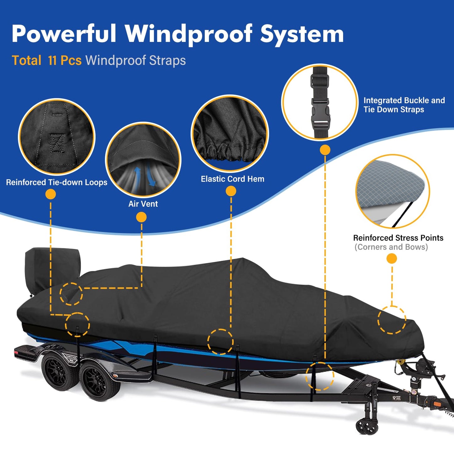 YimSting 1200D Waterproof Boat Cover - Fits 14-15.8 ft Bass, V-Hull, Tri-Hull, Fish & Ski, Runabout Bowrider Boats - Heavy Duty Canvas Black