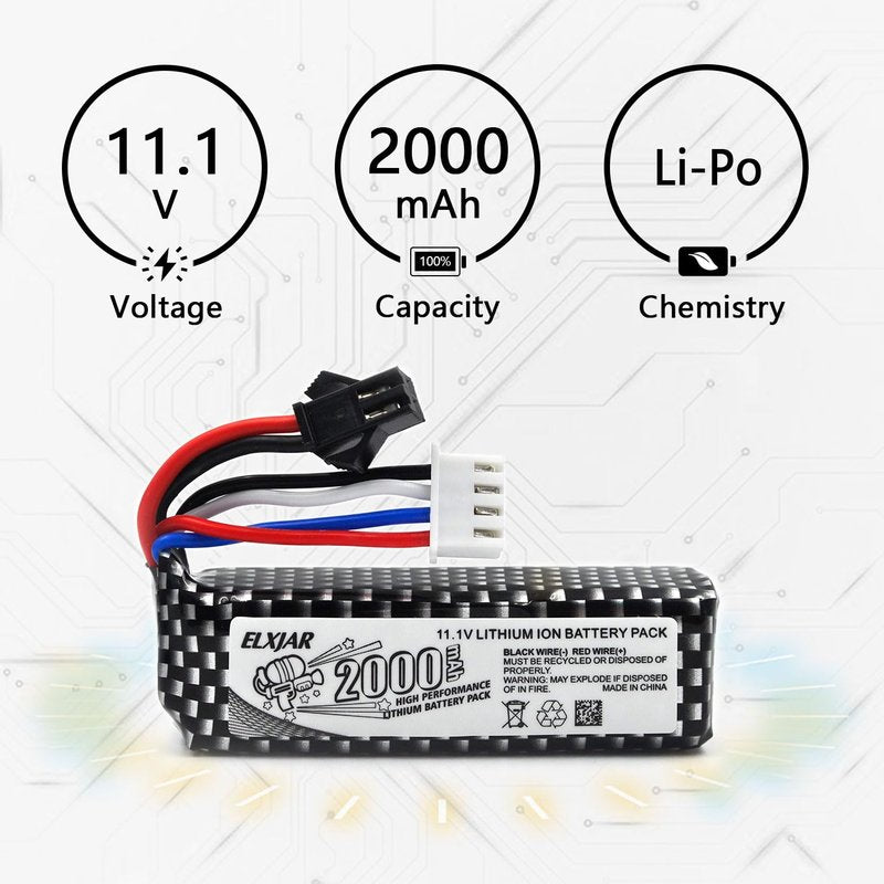 elxjarpower (4-Pack) 11.1V 2000mAh Li-Po Rechargeable Battery with SM2P Plug & USB Cable, Compatible with WPL RES V-3 ESC 1/16 RC Crawler, 501855 Soft-Gun & Water-Gun Toys