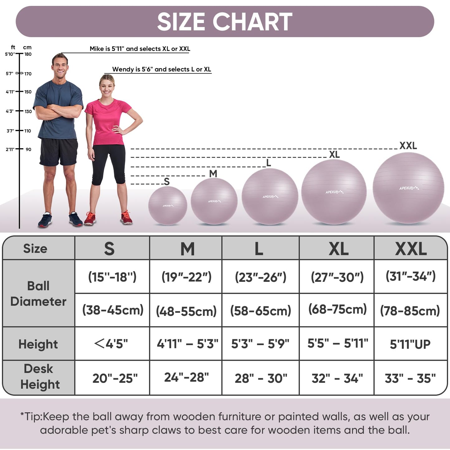 APEXUP Yoga Ball, 660 lbs Anti-Burst Exercise Ball with Pump, 5 Sizes (S (15"~18") 45cm, Mauve)