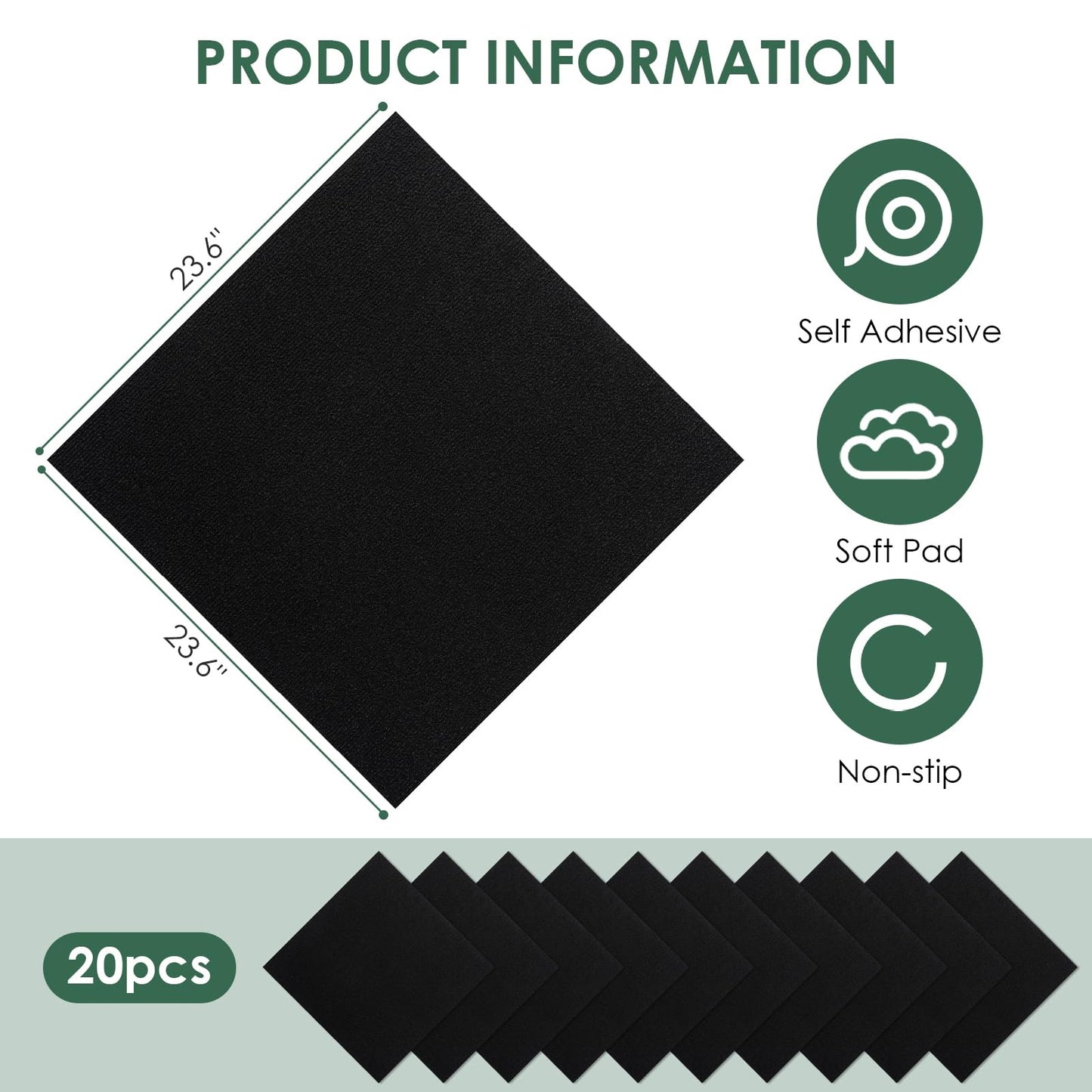 VallisCo Carpet Tile 20 Pack 24” X 24” Self Adhesive Carpet Floor Tiles Anti-Slip Squares Peel and Stick Floor Tile DIY Installation for Bedroom(Black)