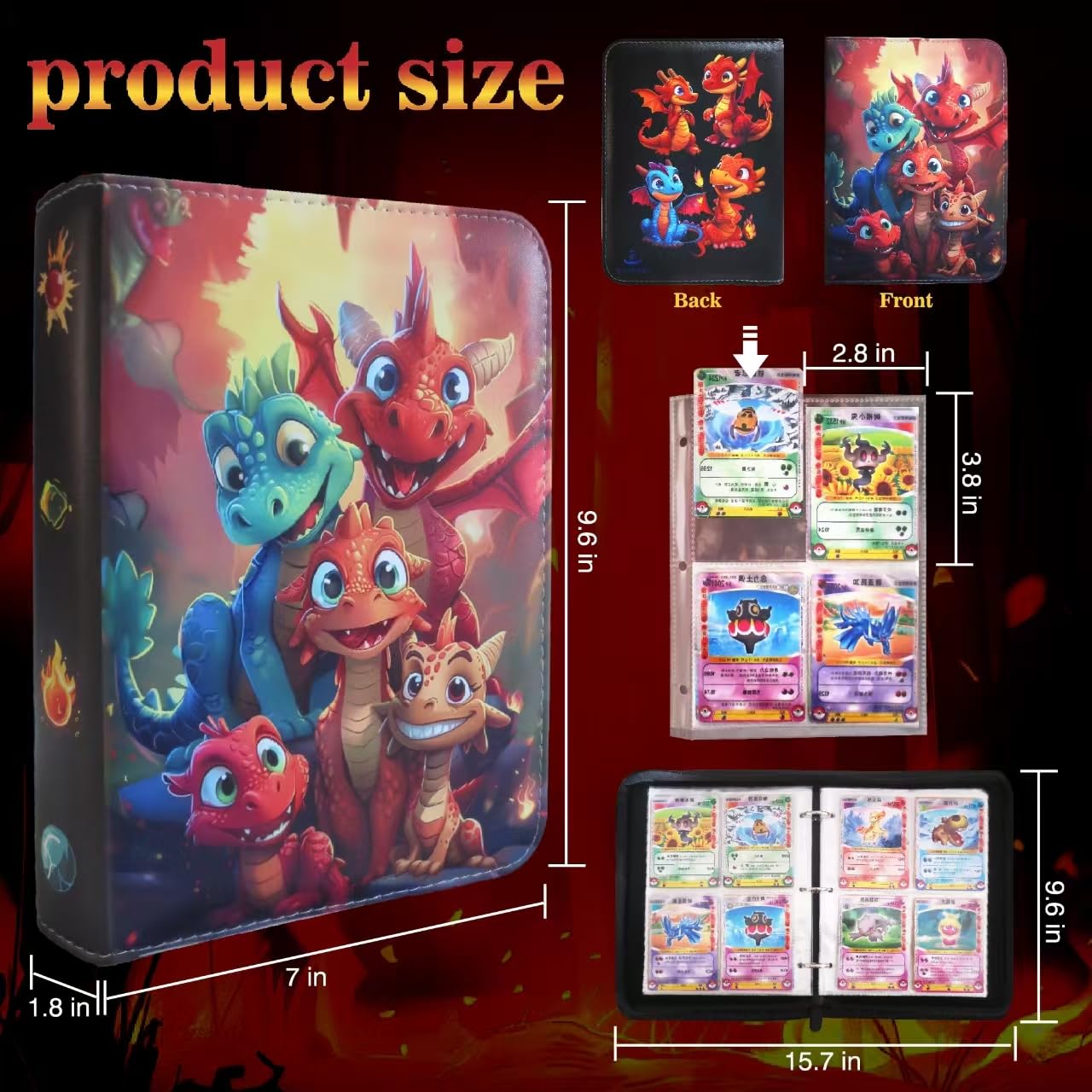 Trading Card Binder 400 Cards, 50 Removable 4-Pocket Pages, Zippered PU Leather for MTG/Sports/TCG, 3-Ring Expandable, Bold Fire Cover (Enhanced Durability Edition)