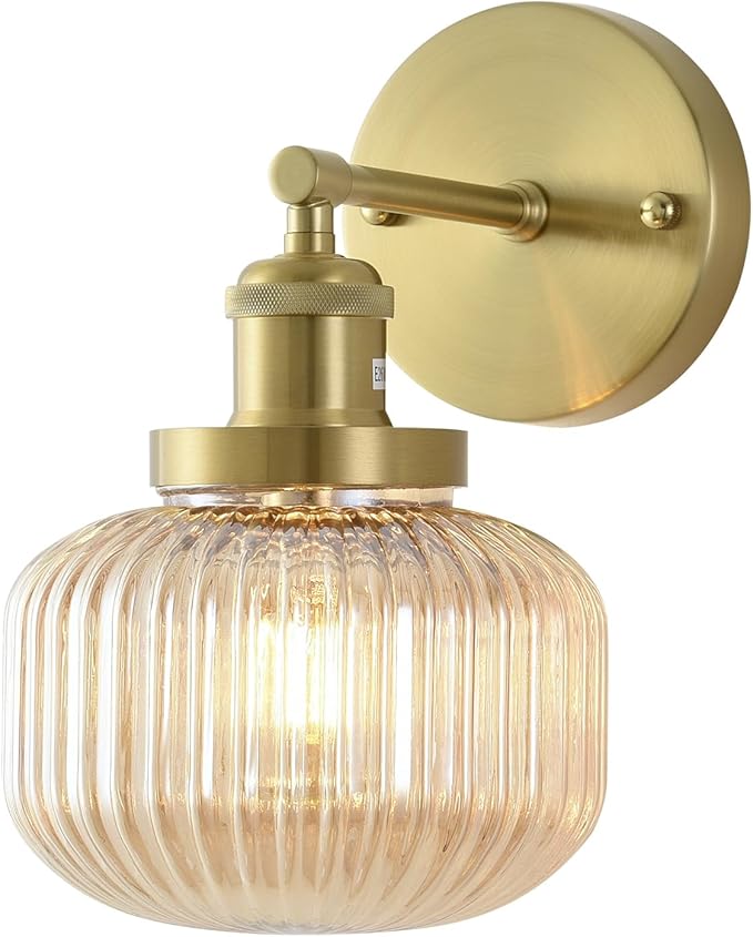 Vintage Wall Sconces with Amber Pumpkin Glass Lampshade, Indoor Bathroom Wall Sconce, Modern Gold Industrial Lighting Fixture for Mirror Living Room Hallway 1 Pack