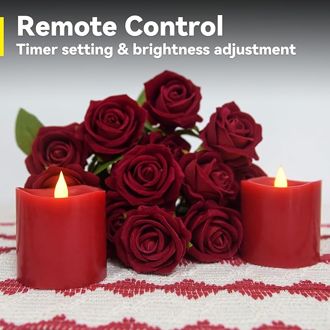 Red LED Pillar Candles, 3inch - Battery Operated with Remote Timer, Flickering Flame, Lasts Over 600 Hours, Perfect for Christmas and Halloween Deco (Red, 3"*3"-2pcs)