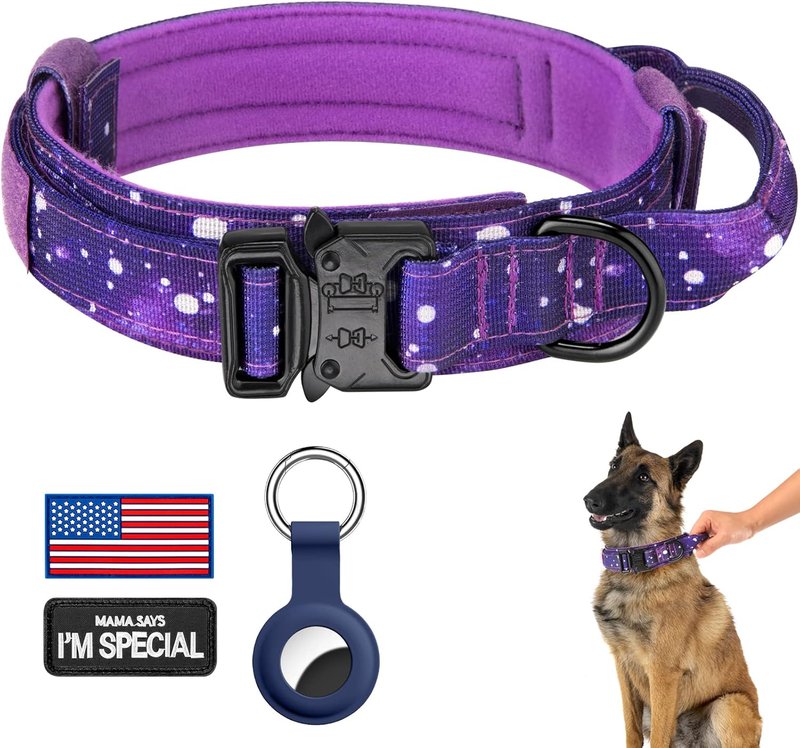Tactical Dog Collar - Adjustable Military Nylon with Control Handle & Heavy Metal Buckle | Large Purple Sky