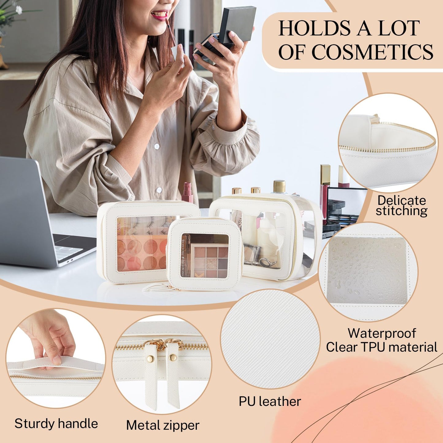 4 Pcs Leather Clear Makeup Bags Set for Women Travel Clear Cosmetic Case Toiletry Bags with Zipper Makeup Brush Case Waterproof Organizer Storage for Women Men Travel Accessories, 4 Sizes(White)