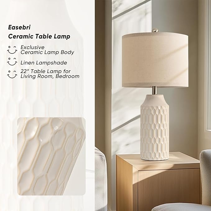 22IN Modern Ceramic Table Lamp Set of 2 White Lamps for Living Room Tall Bedroom Lamp Set Bedside Nightstand Lamps Set of Two Farmhouse Rustic Side Table Lamps for End Table Beige Desk Lamps