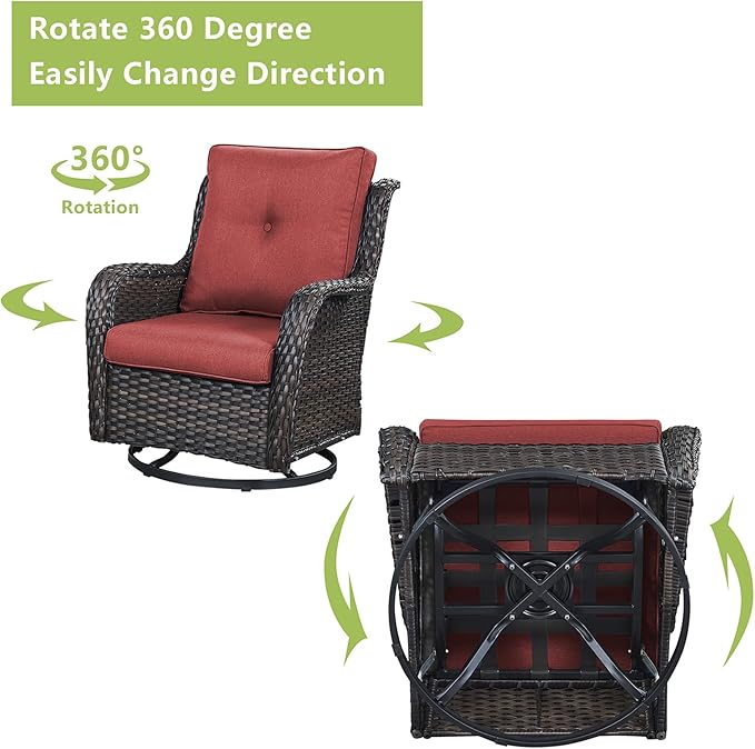 Rilyson Wicker Patio Furniture Set - 5 Piece Rattan Outdoor Sectional Conversation Sets with 2 Swivel Rocking Chairs,2 Ottomans and 1 Side Table for Porch Deck Garden(Brown/Red)
