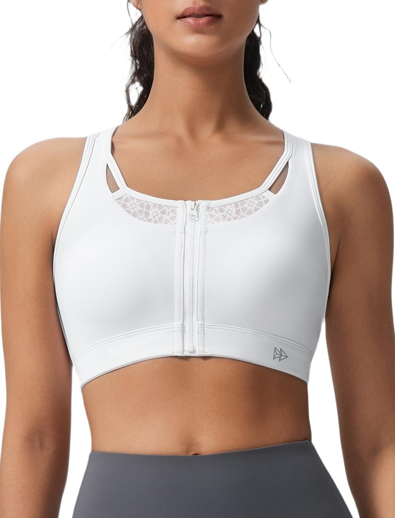 Yvette Zip Front High Impact Sports Bras for Women Lace Mesh Supportive Bras for Workout, White, M