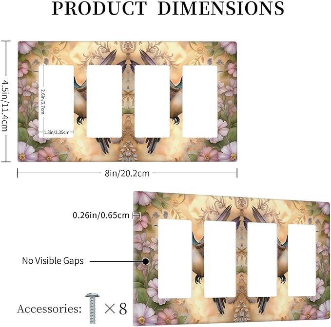 Decorative Art Light Switch Covers Blossom & Hummingbird 4 Gang Rocker Decora Outlet Covers Electrical Faceplate GFCI Wall Plate for Home Decor