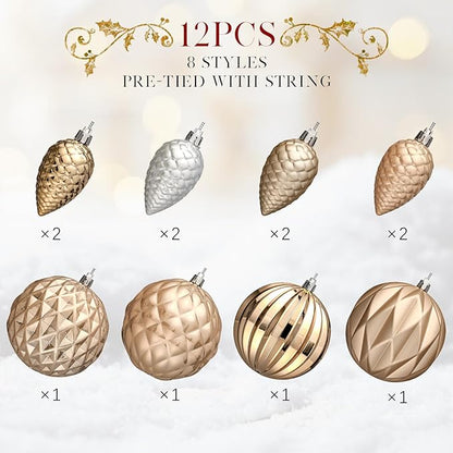 JORNOY Christmas Tree Ornaments, 4inch/100mm Shatterproof Ornaments for Christmas Tree Set - Large Plastic Decorative Hanging Balls Ornaments for Xmas Tree Decorations Party, 12ct (Champagne)