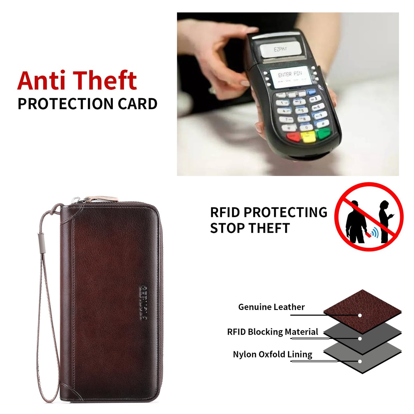 Men's Genuine Leather Zipper Wallet with RFID Blocking, Phone Pocket，Long Zipper Pouch Wallet (Coffee)