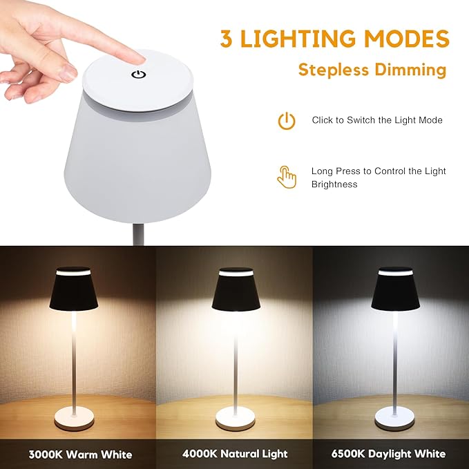 Cordless Table Lamp Rechargeable,5000mAh Battery Operated Desk Lamp,Waterproof Touch Dimmable Light with Remote,3 Color Stepless Dimming Up,for Bedroom/Office/Bars/Camping. (White, 1pcs)