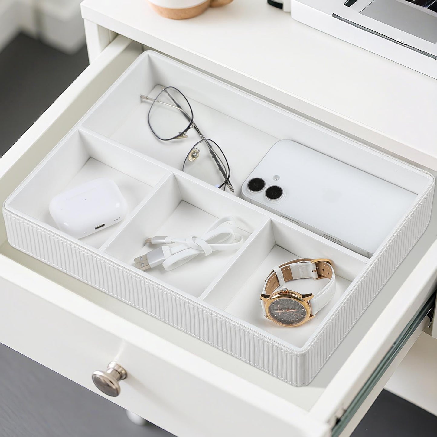 NICLNGSH PU Leather Valet Tray, Decorative Trinket Vanity Desk Drawer Organizer Tray, Perfume Dish Catch All Bowl for Keys, Nightstand Drawer Organizer Women Men with 4 Compartments (Cream-White)