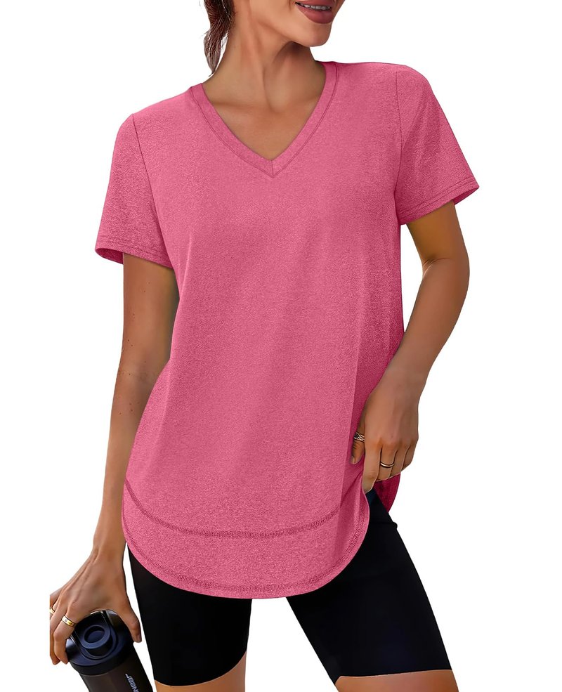 Short Sleeve Shirts for Women Workout Yoga Tops Sun Protection Clothing Summer Outfits Rash Guard Side Slit V Neck Red Pink XL