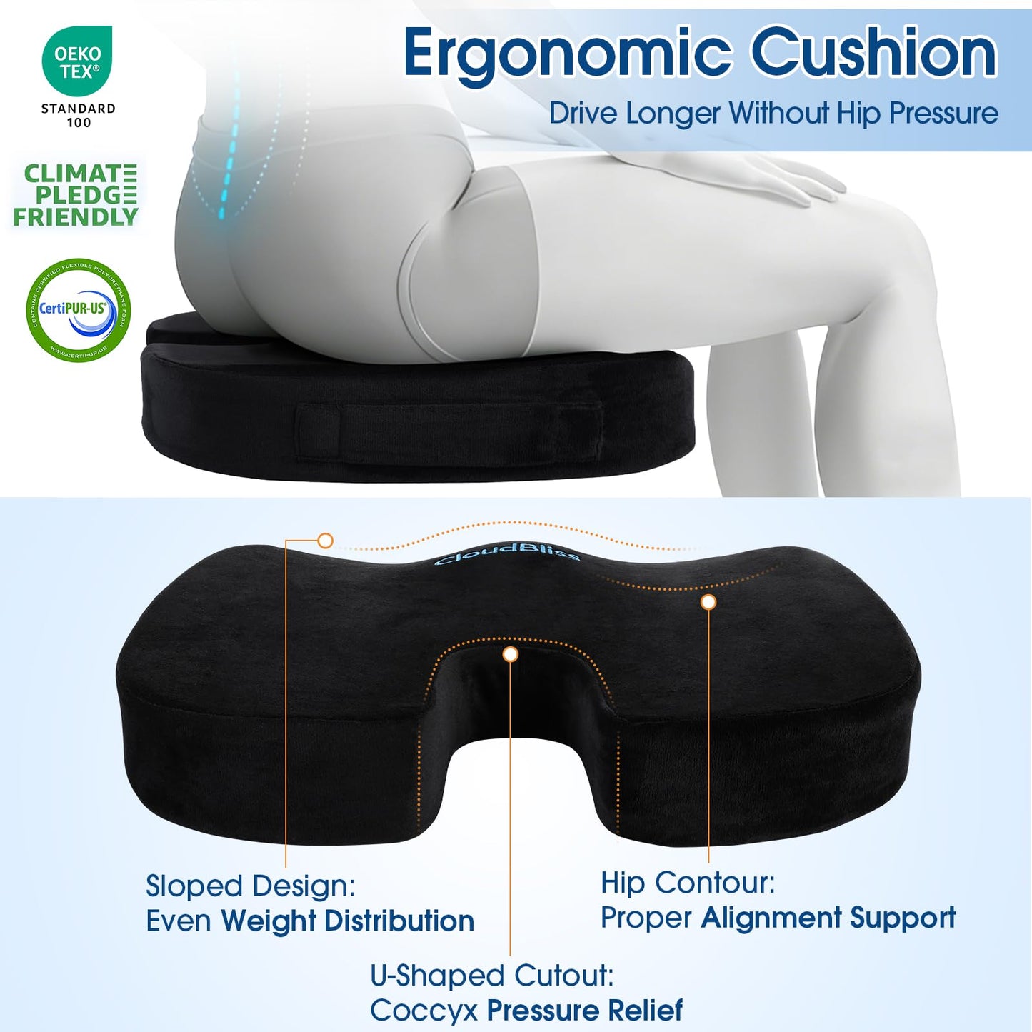 CloudBliss Lumbar Support Pillow & Seat Cushion Set for Office Chair, Desk Chair, Wheelchair & Car – Memory Foam Back Support, Ergonomic Chair Cushions, Sciatica Pain Relief, Home Essentials, Black